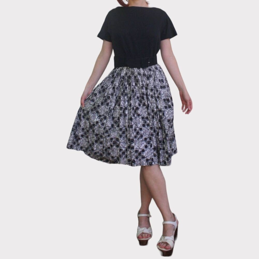 60s Black White Cotton Day Dress Abstract Print Vintage Pomette S
